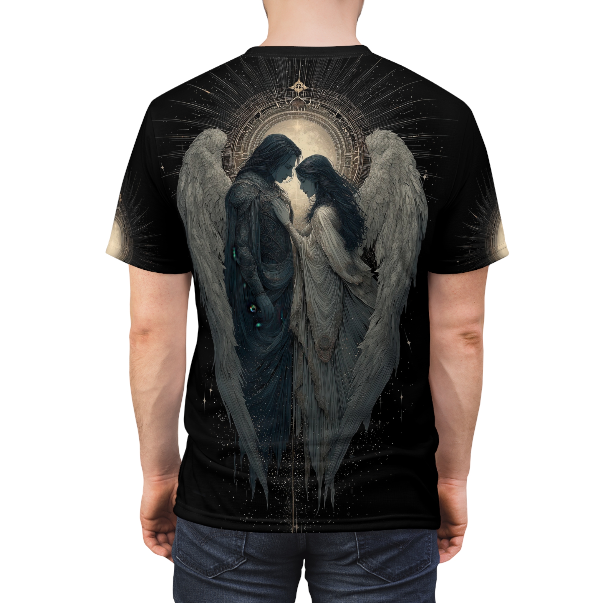 Black with celestial patterns, stars, and angelic figures, this t-shirt depicts a romantic scene between two winged beings.