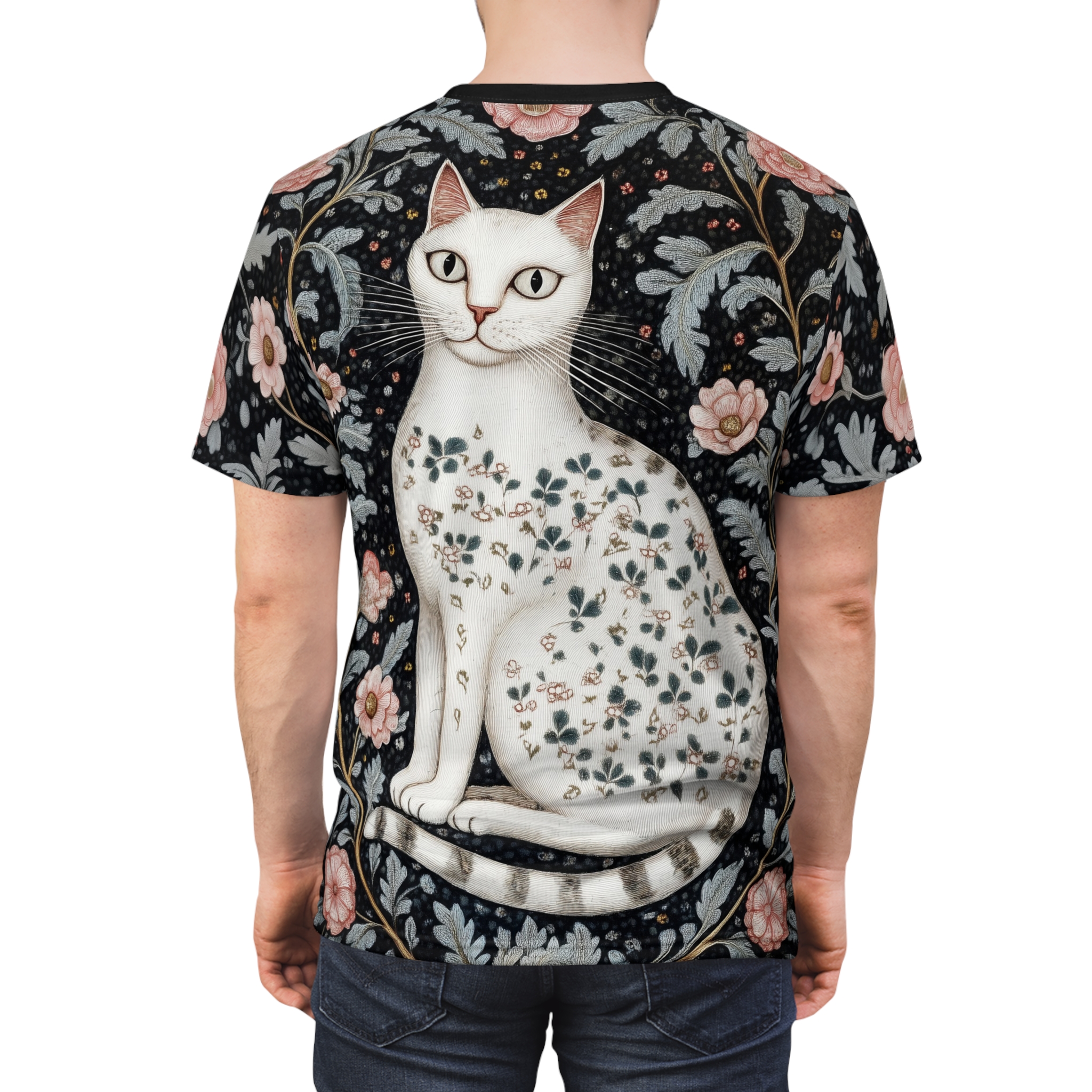 Floral Cat Unisex All Over Print T-Shirt - Elegant Cat Art Top for Animal Lovers - Image 4