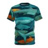 Teal, orange, and dark blue sharks swim in a deep blue underwater scene across this oversized full print tee.