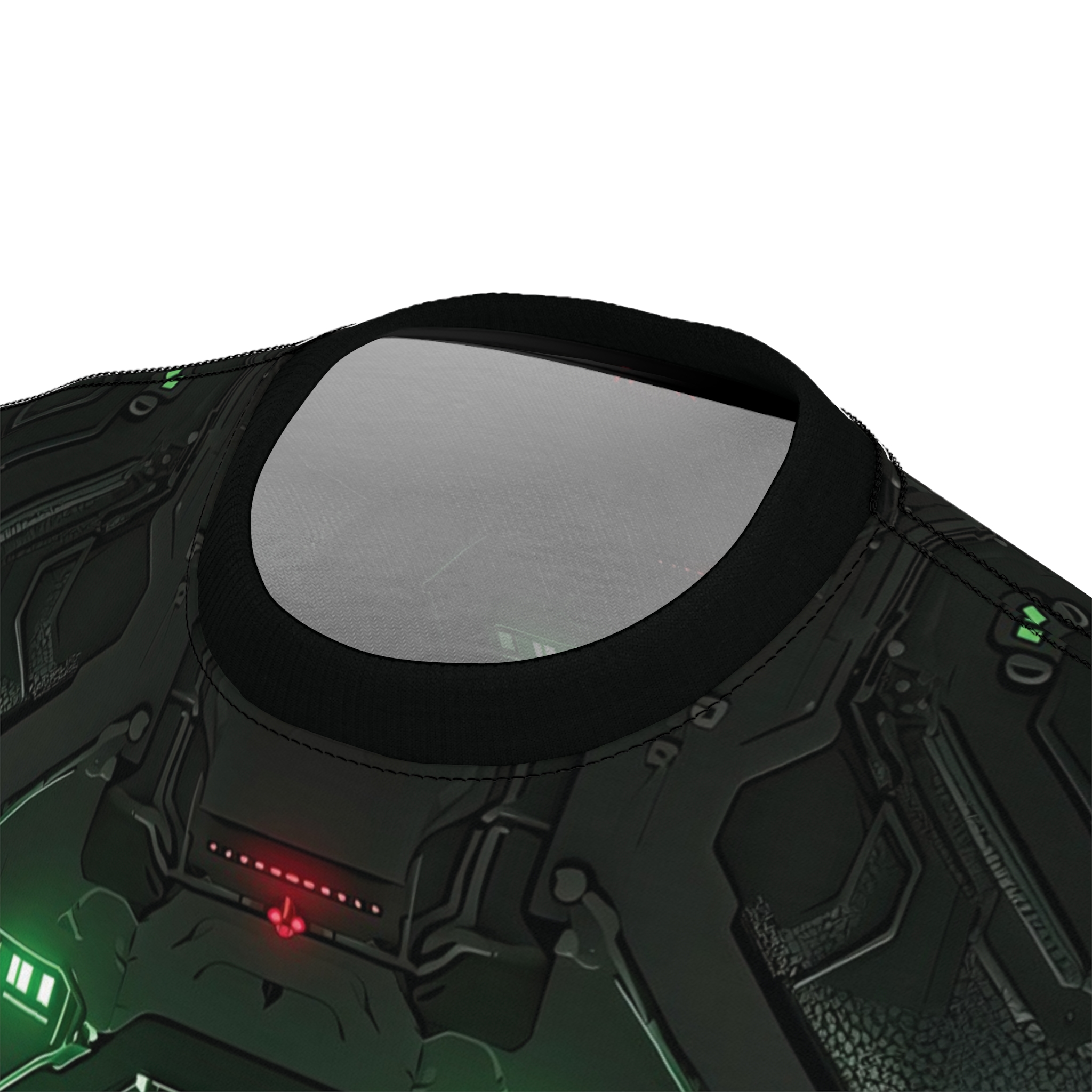 Dark green circuits and glowing red lights cover this sublimation graphic tee, depicting a futuristic mechanical design.