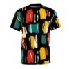 Bold red, yellow, teal, and white brushstrokes with hints of orange on a black background cover this t-shirt.