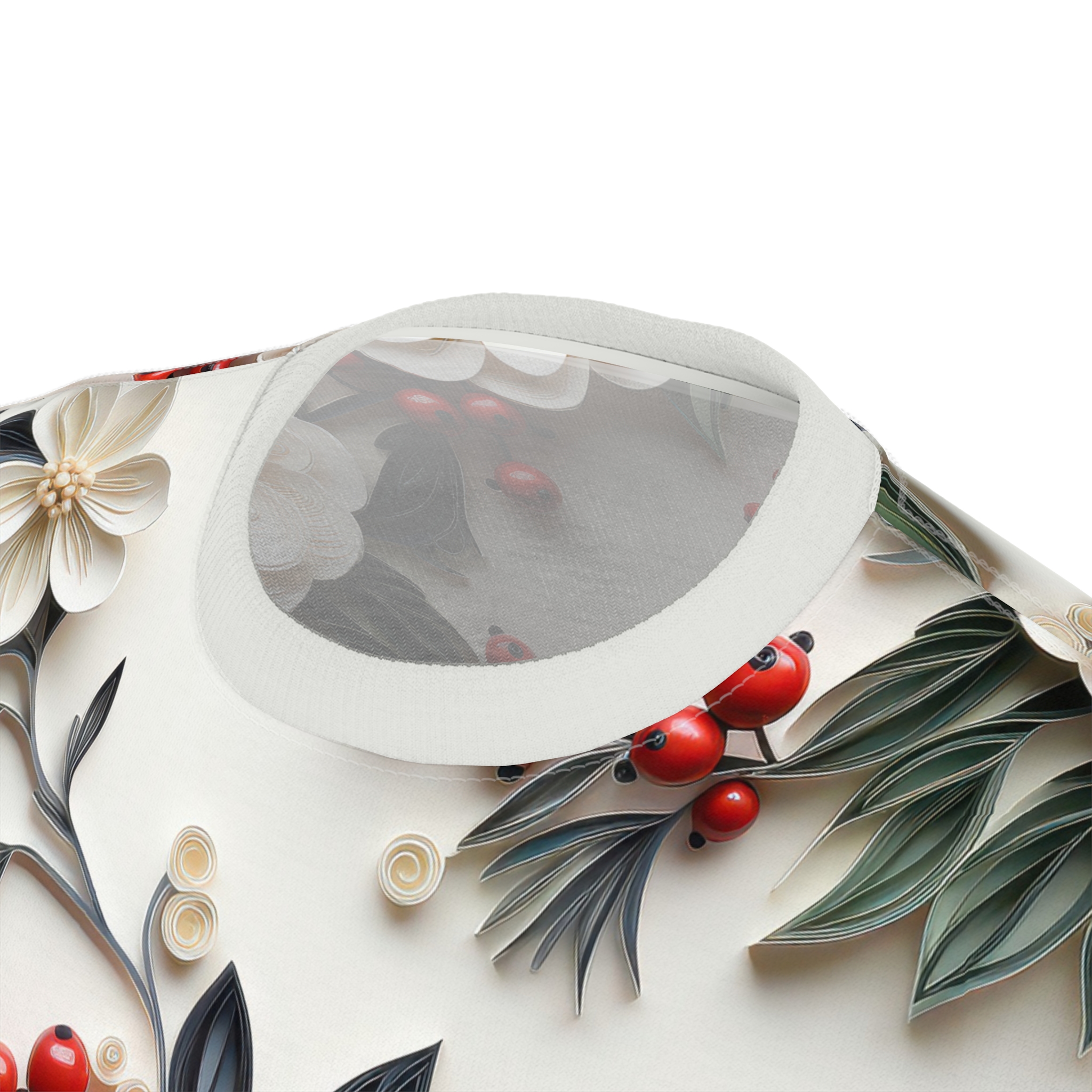 Creamy white paper-cut flowers, red berries, and dark green leaves cover this oversized full print tee, with rolled paper accents.