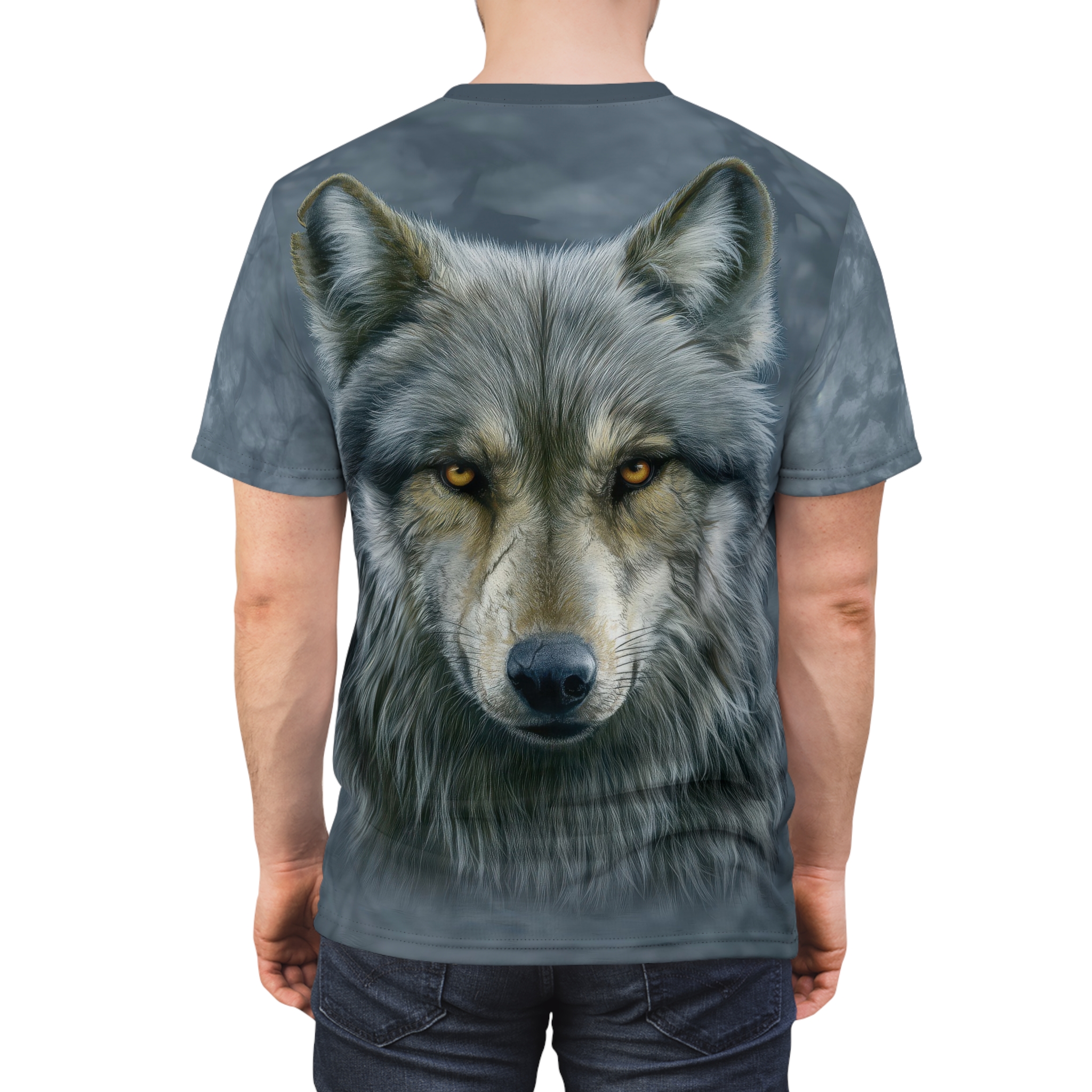 Gray and black swirling patterns cover this patterned tee shirt, showcasing a realistic wolf's face with piercing yellow eyes.