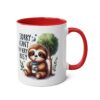 White ceramic mug with red handle and interior. Features a cute sloth illustration with text that reads 'Sorry I can't I'm very busy'.
