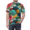Bright pink, teal, dark blue, and yellow flowers with green leaves cover this seamless pattern tee, on a textured white background.