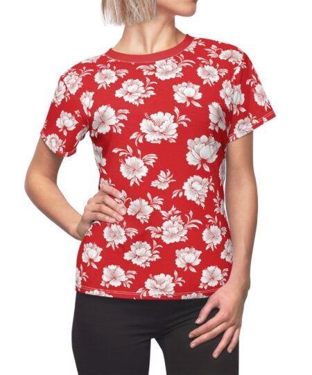 Red Floral All-Over Print Women's Tee – Vintage White Roses Pattern