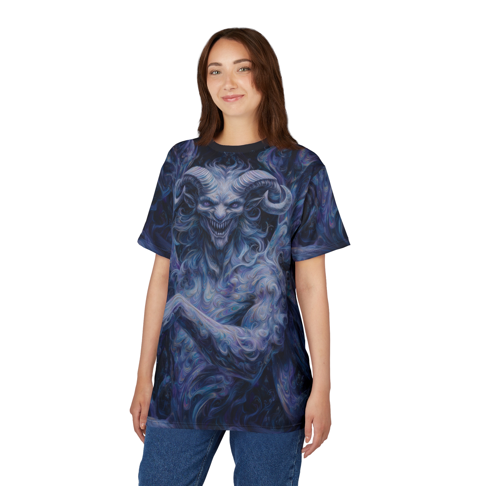 Swirling blues and purples cover this 3D graphic t-shirt, depicting a grinning demon with horns and sharp teeth.