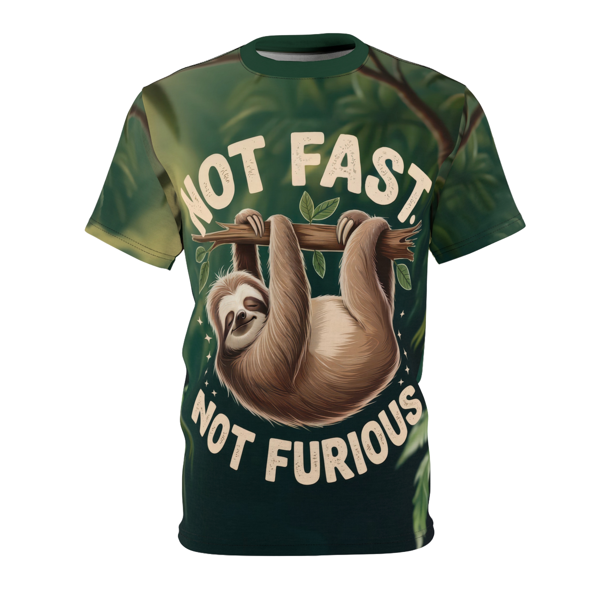 Deep greens and leafy patterns cover this all over print apparel, featuring a smiling sloth hanging from a branch with "NOT FAST - NOT FURIOUS" text.
