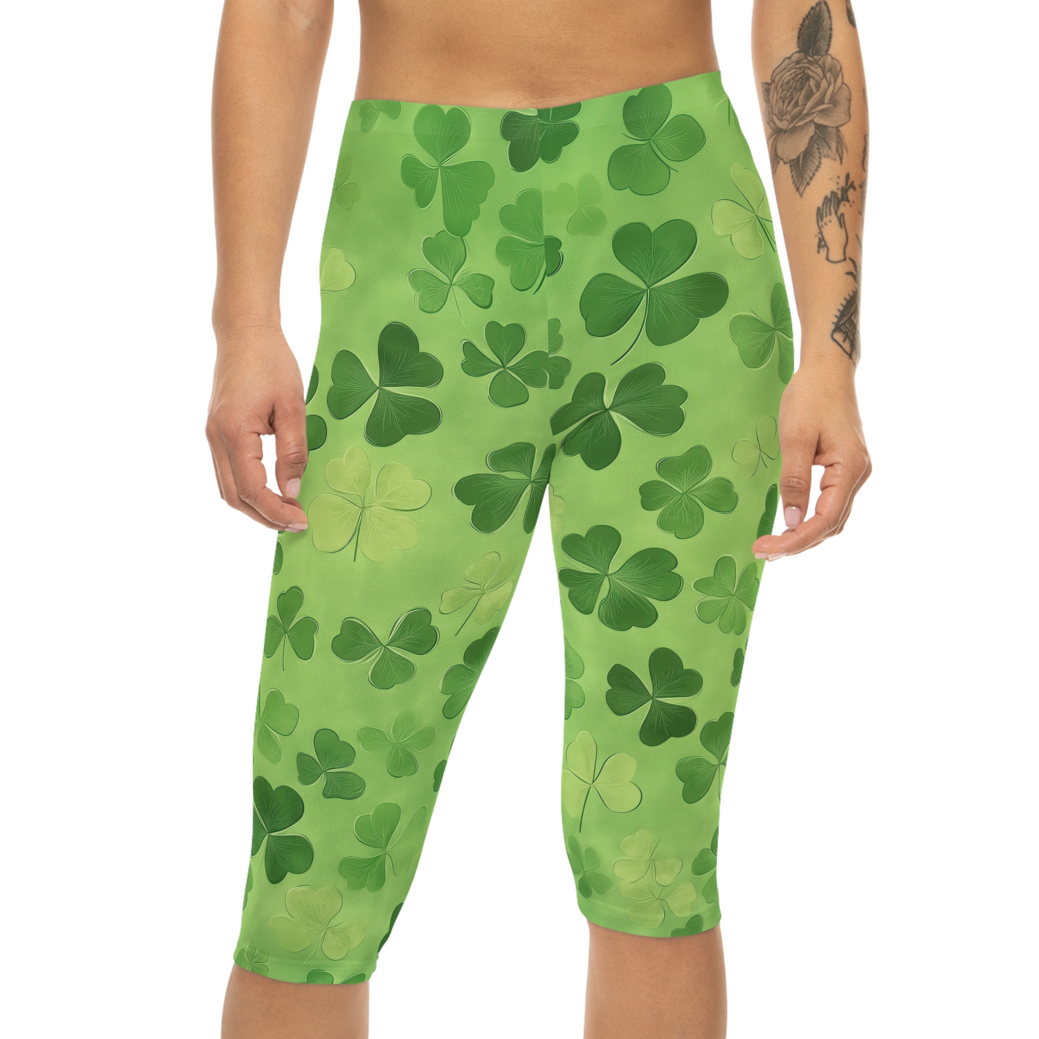 Stylish St Patrick's Day Clover Women’s Capri Leggings – soft and flexible women’s capri leggings - Main View