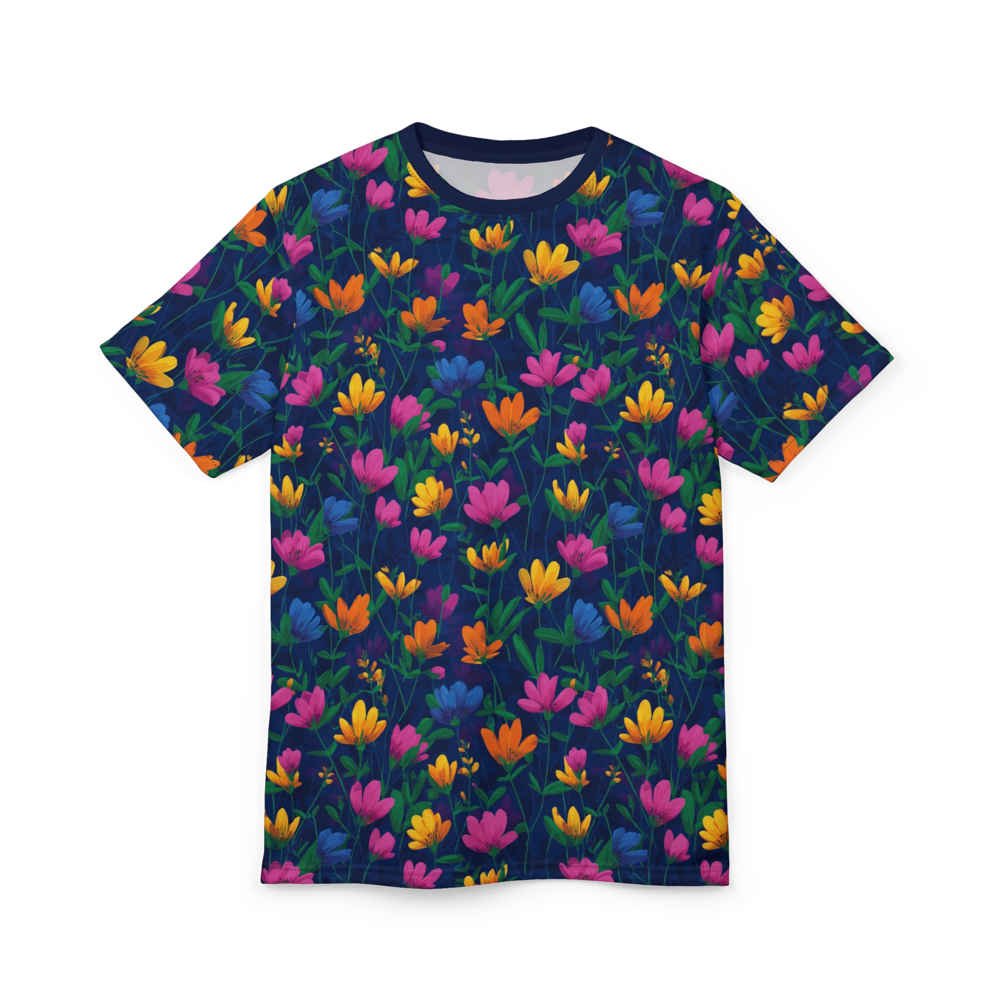 Vibrant pink, yellow, orange, and blue flowers with green leaves cover this sublimation graphic tee, set against a dark navy background.