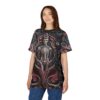 A skeletal figure in a dark, floral, and eye-filled pattern covers this seamless pattern tee.