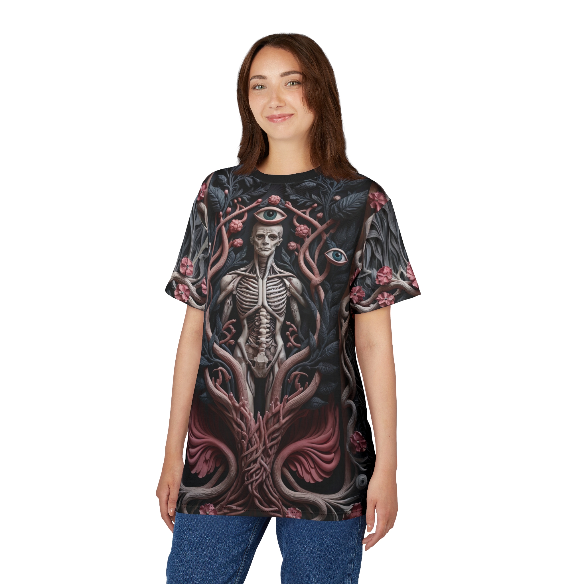 A skeletal figure in a dark, floral, and eye-filled pattern covers this seamless pattern tee.