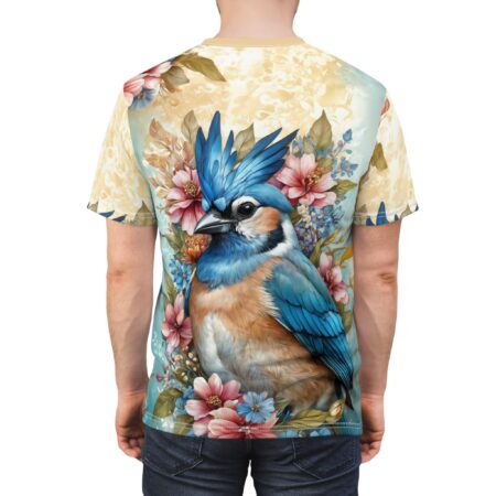Vibrant Vibrant Bird Art Tee, Floral Blue Jay Shirt, Colorful Graphic Tee, Unisex AOP T-Shirt, Nature Lover Gift, Summer Wardrobe Essential – eye-catching full print casual top