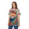Red, orange, and green florals and leaves cover this seamless pattern tee, featuring a detailed red panda portrait.