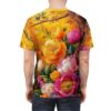 Vibrant pink, yellow, and orange peonies, tulips, and small blue flowers cover this full print shirt, with a sun-drenched forest background.