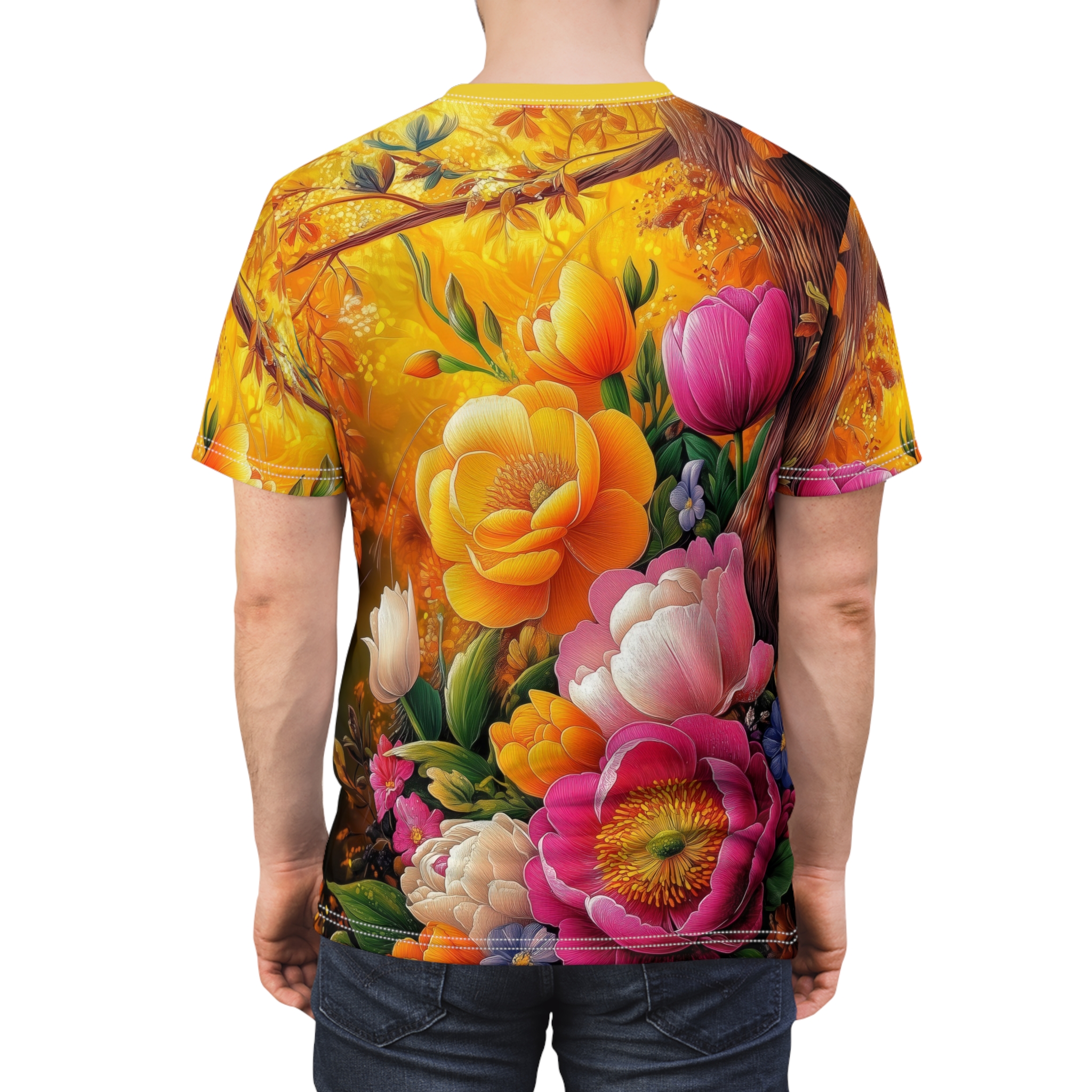Vibrant pink, yellow, and orange peonies, tulips, and small blue flowers cover this full print shirt, with a sun-drenched forest background.