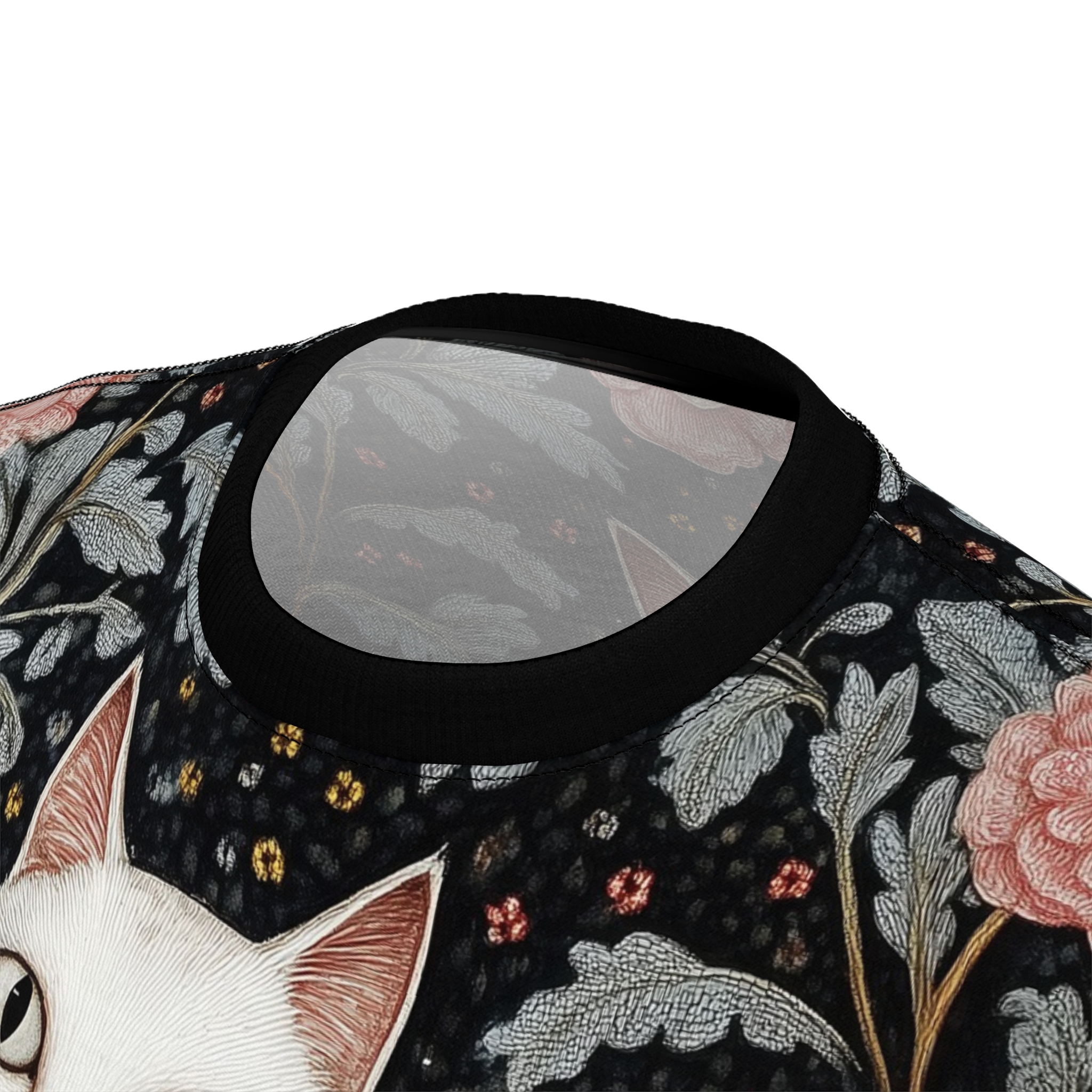 Black background with detailed floral patterns and a white cat's face, featuring pink roses and grey foliage.