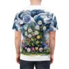 Moody blue watercolor clouds with rain drops and a vibrant bouquet of daisies and tulips on this all over print tee.