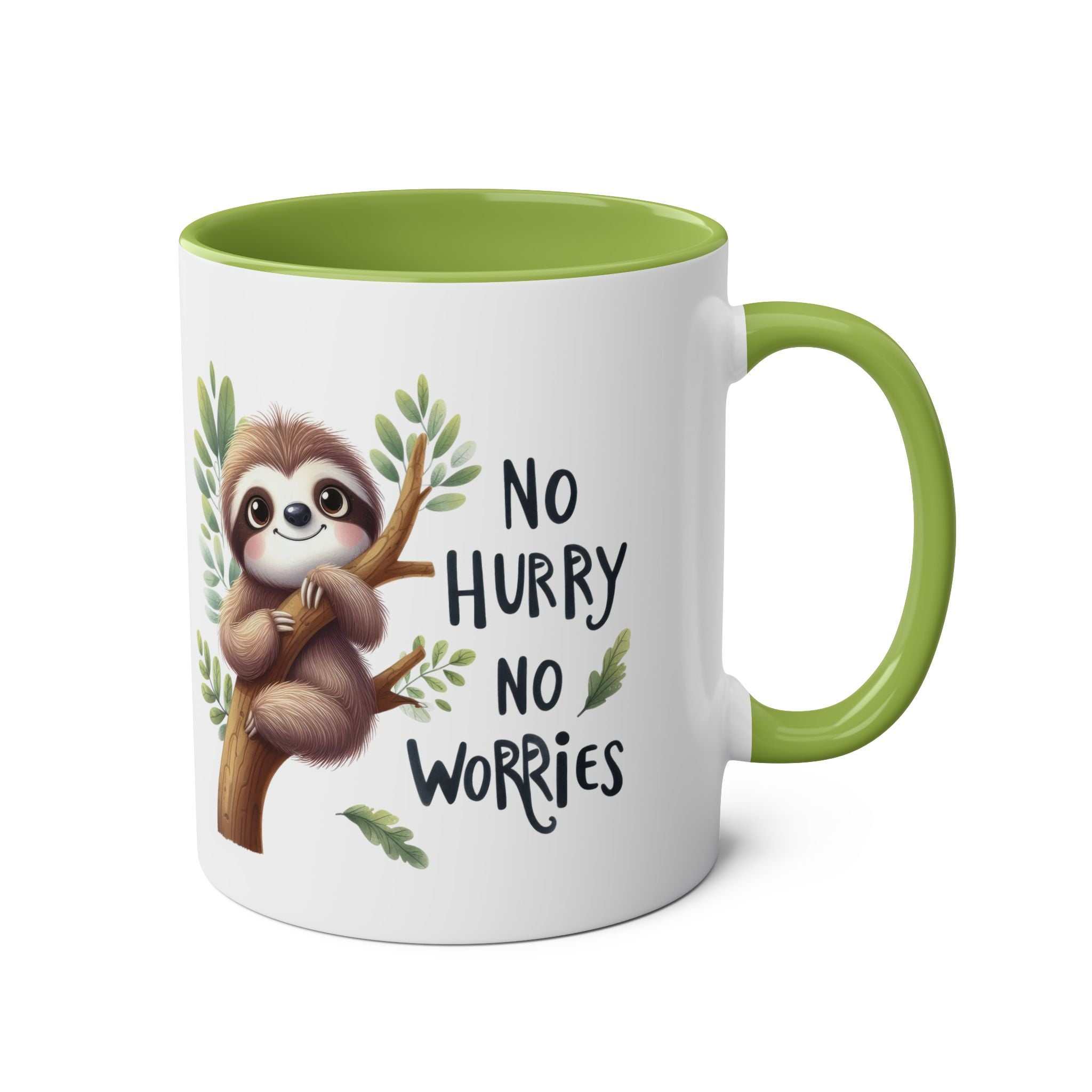 White ceramic mug with a bright green interior and handle, featuring a cartoon sloth on a branch with "No Hurry, No Worries" text.