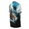 Deep blues and whites depict Poseidon emerging from crashing waves and stormy skies, with a trident.