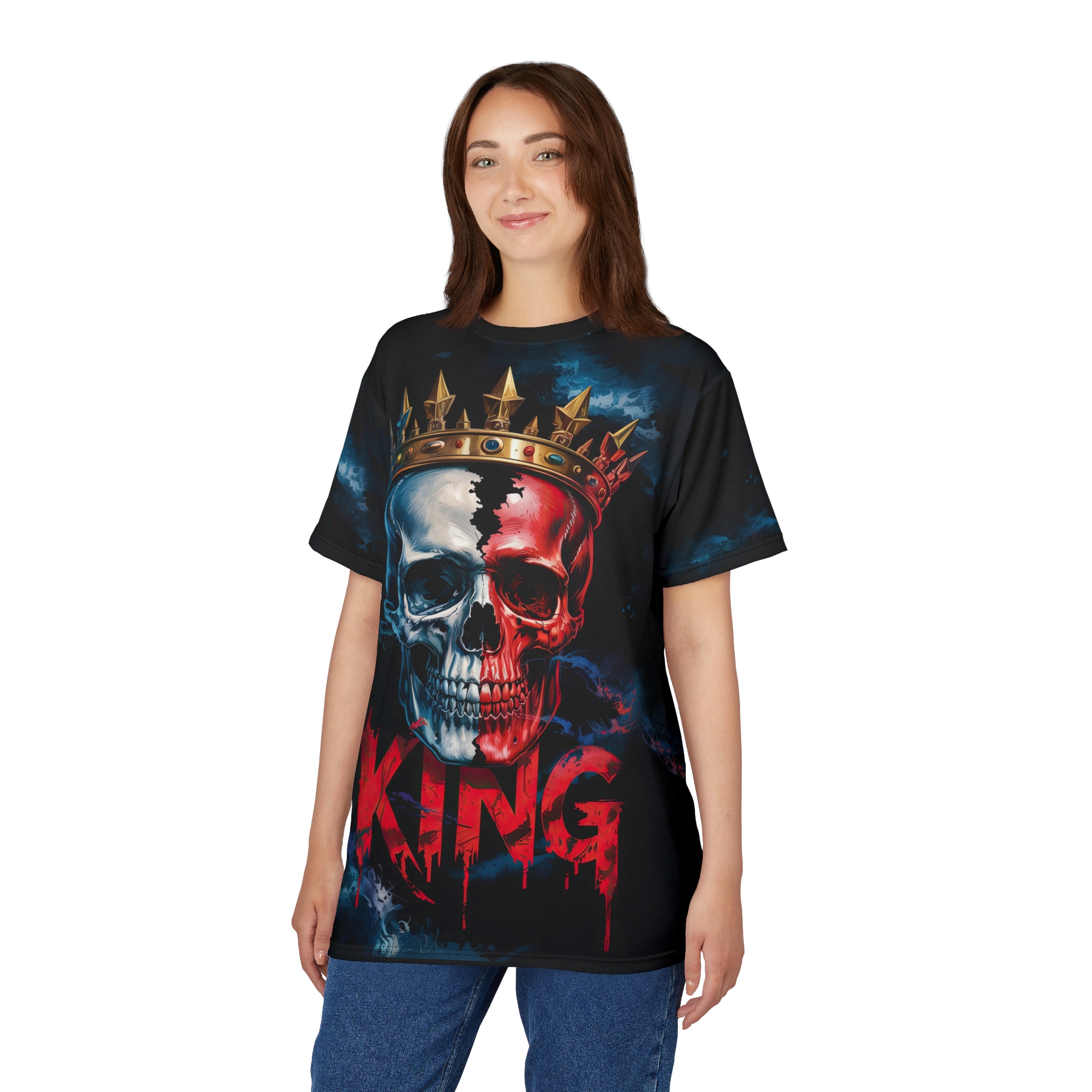 Bold King Skull Unisex All Over Print T-Shirt - Edgy Graphic All Over Print T-Shirt for Men / Women - Image 8