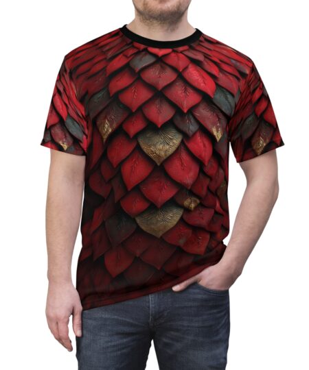 Red Dragon Scale Armor Tee — All-Over Print Fantasy Scales Shirt