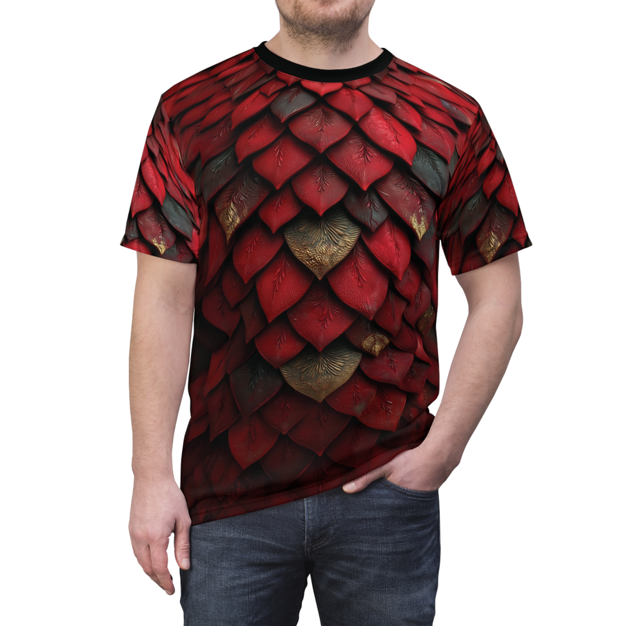 Red Dragon Scale Armor Tee — All-Over Print Fantasy Scales Shirt