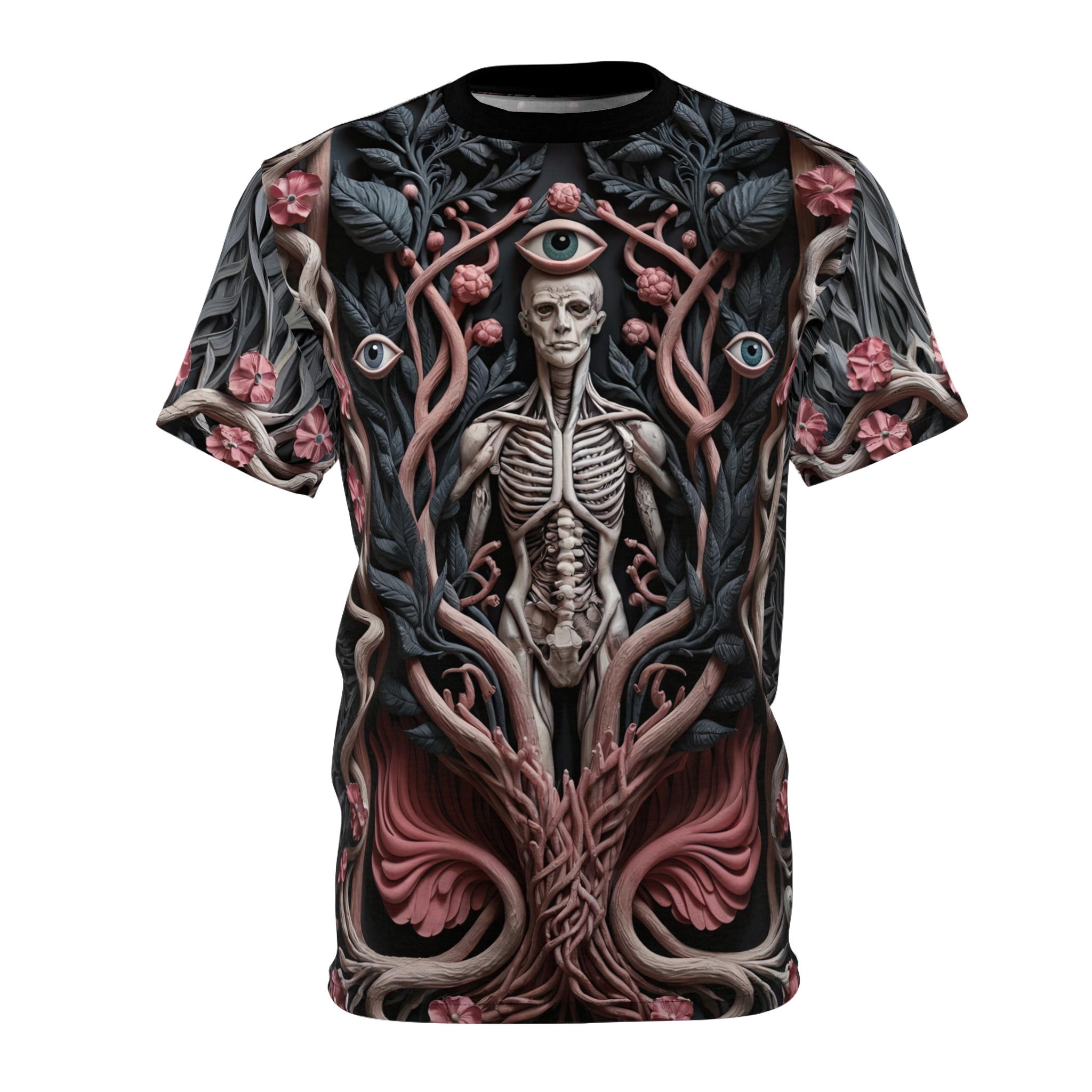 Detailed anatomical skeleton, pink flowers, and blue eyes are depicted on this dark, textured t-shirt with a gothic, surreal design.