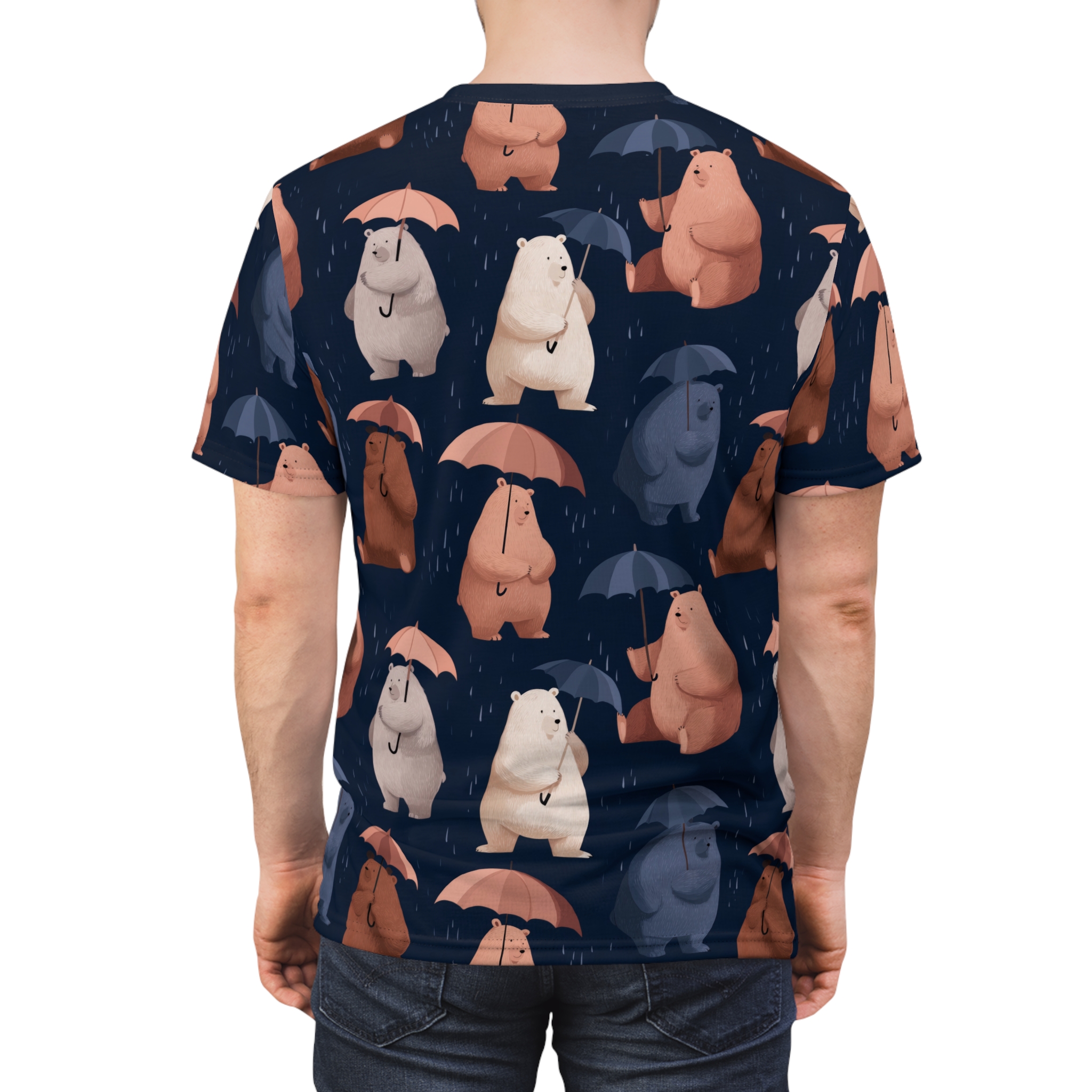 Dark blue with white rain streaks, various brown, white, and blue bears holding pink and blue umbrellas.