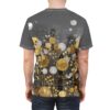Golden and white textured orbs and abstract flora cover this sublimation graphic tee, set against a dark, painterly background with scattered dots.