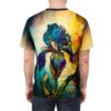 Rich blues, purples, and yellows cover this patterned tee shirt, featuring a detailed iris bloom with textured background elements.