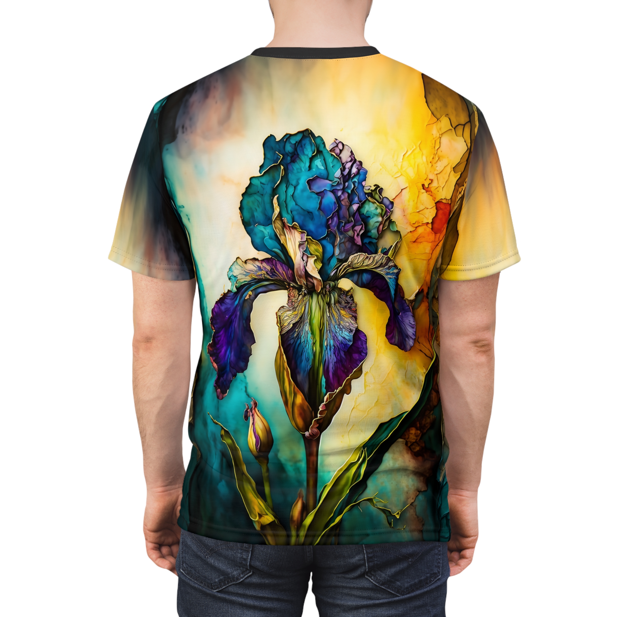 Rich blues, purples, and yellows cover this patterned tee shirt, featuring a detailed iris bloom with textured background elements.