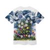 Moody blues and greens with white daisies and colorful tulips, depicting a spring shower with raindrops.