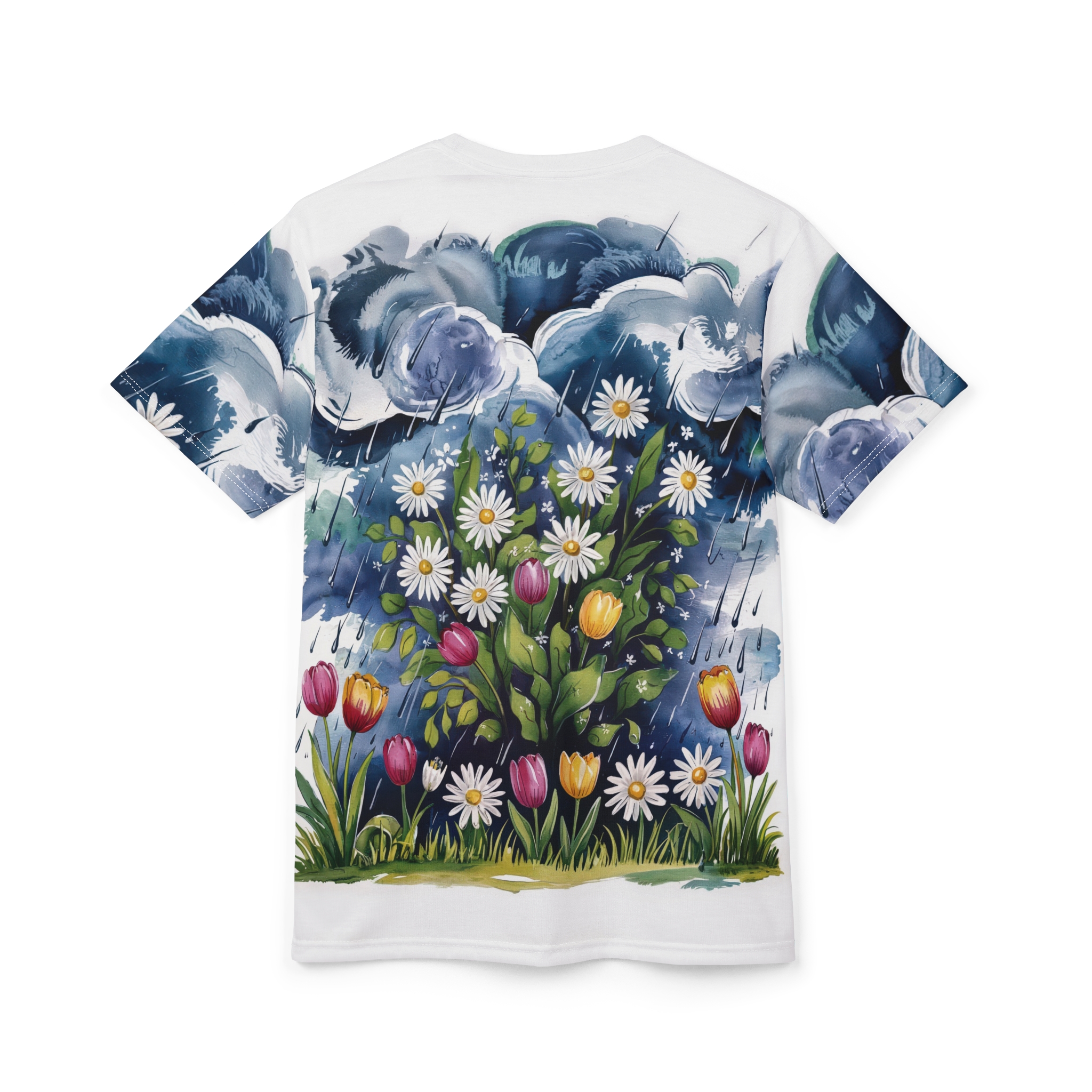 Moody blues and greens with white daisies and colorful tulips, depicting a spring shower with raindrops.