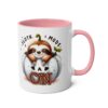A white mug with a pink handle and interior, featuring a cute sloth peeking out of a pumpkin with 