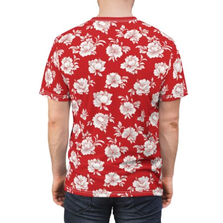 Vibrant Red Vintage Floral All-Over Print Tee — White Rose Pattern – eye-catching full print casual top