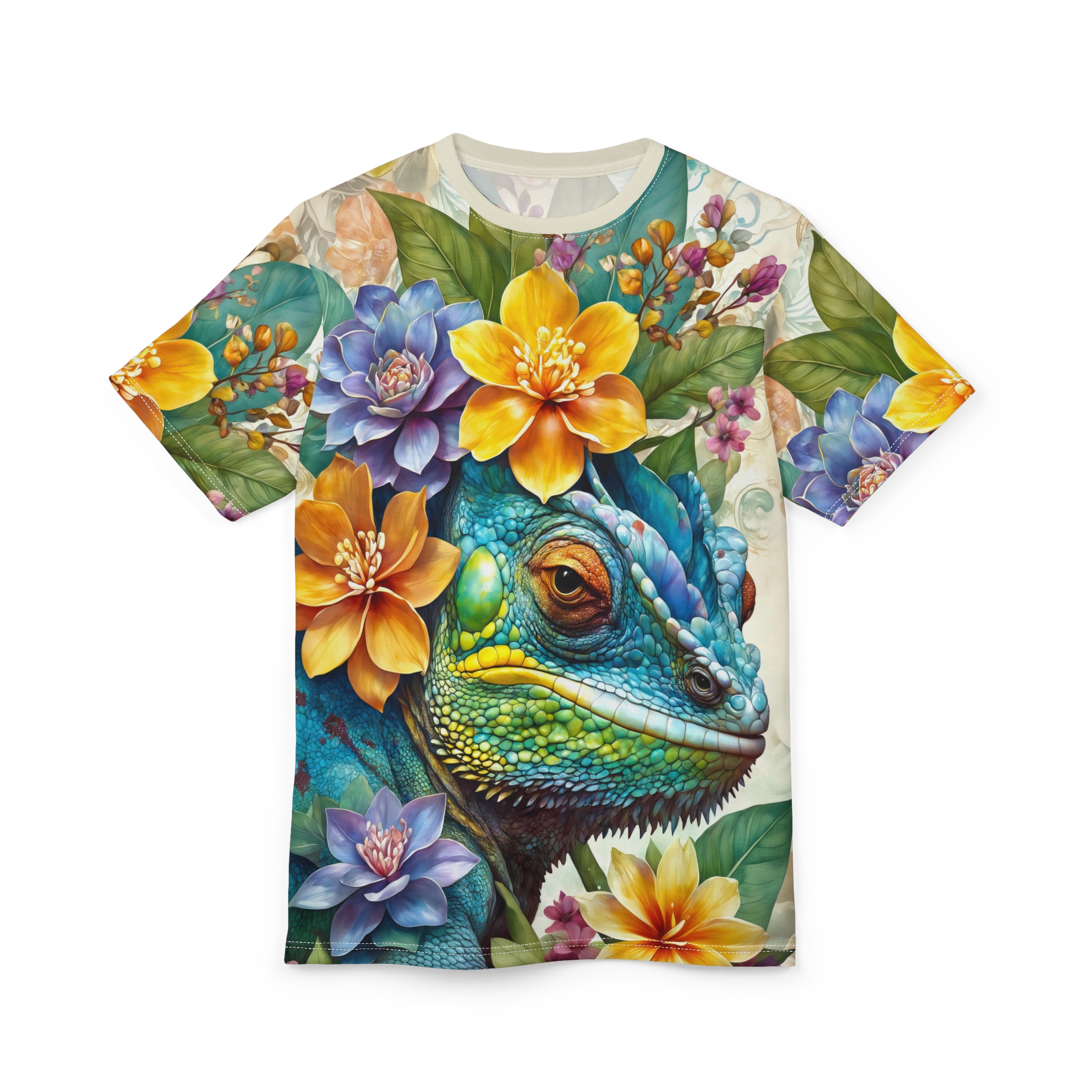 Vibrant blues, greens, and yellows in a detailed floral pattern surround a realistic chameleon's head.