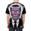 Black and white radiating lines surround a grinning purple devil in a suit, covering this oversized full print tee.