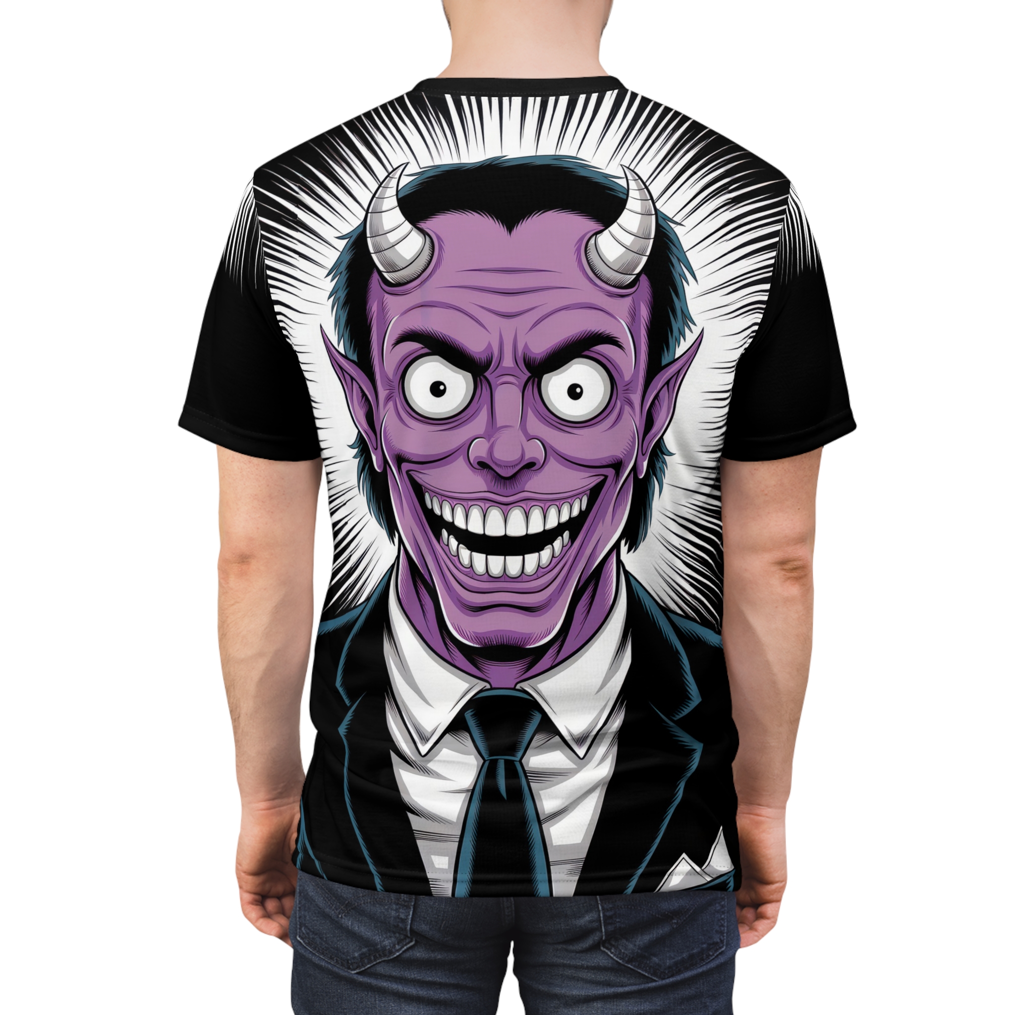 Black and white radiating lines surround a grinning purple devil in a suit, covering this oversized full print tee.