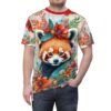 Vibrant red, orange, and teal floral patterns cover this graphic t-shirt, featuring a detailed red panda portrait.