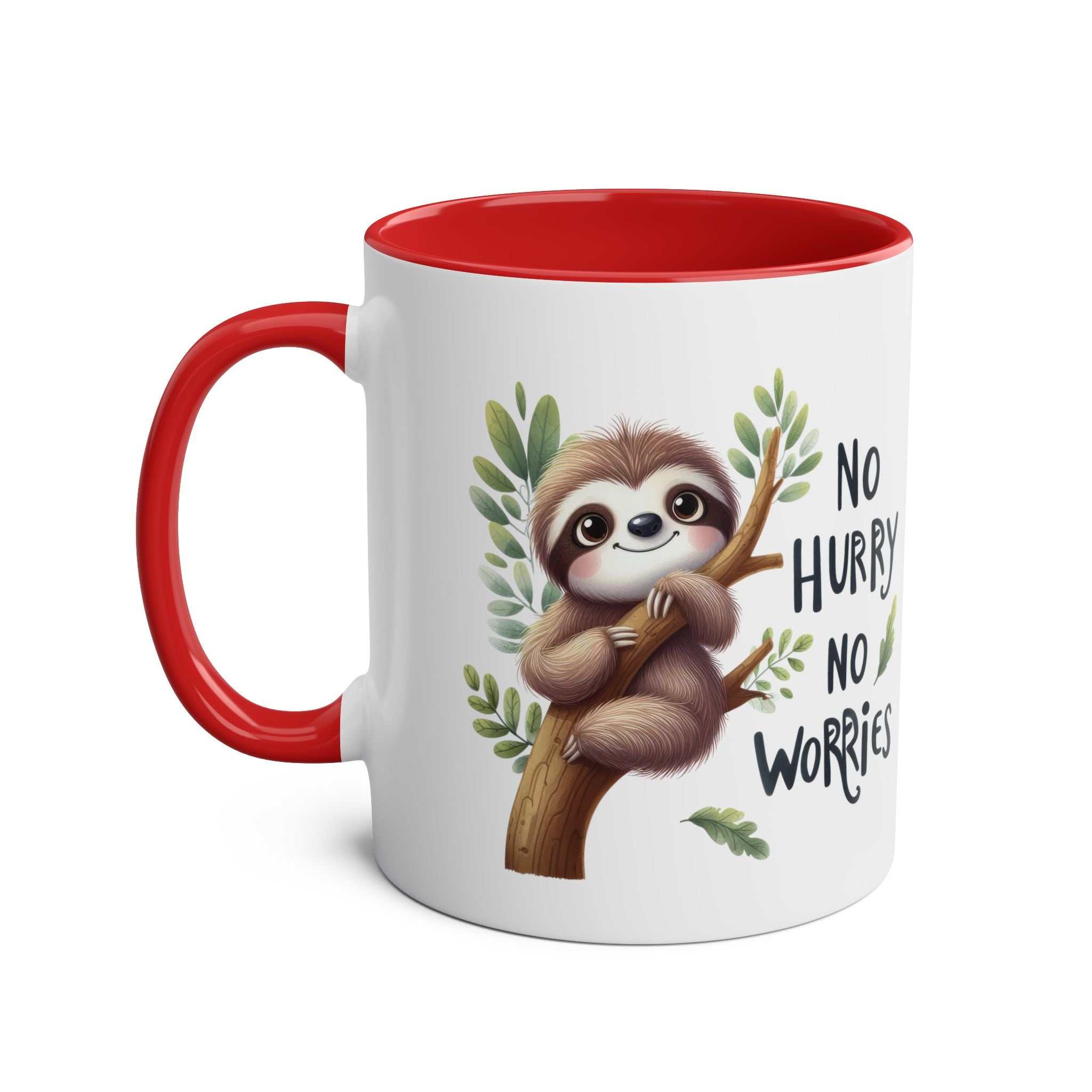 White ceramic mug with a red interior and handle. Features a cartoon sloth on a branch with leaves and text reading "No Hurry No Worries".