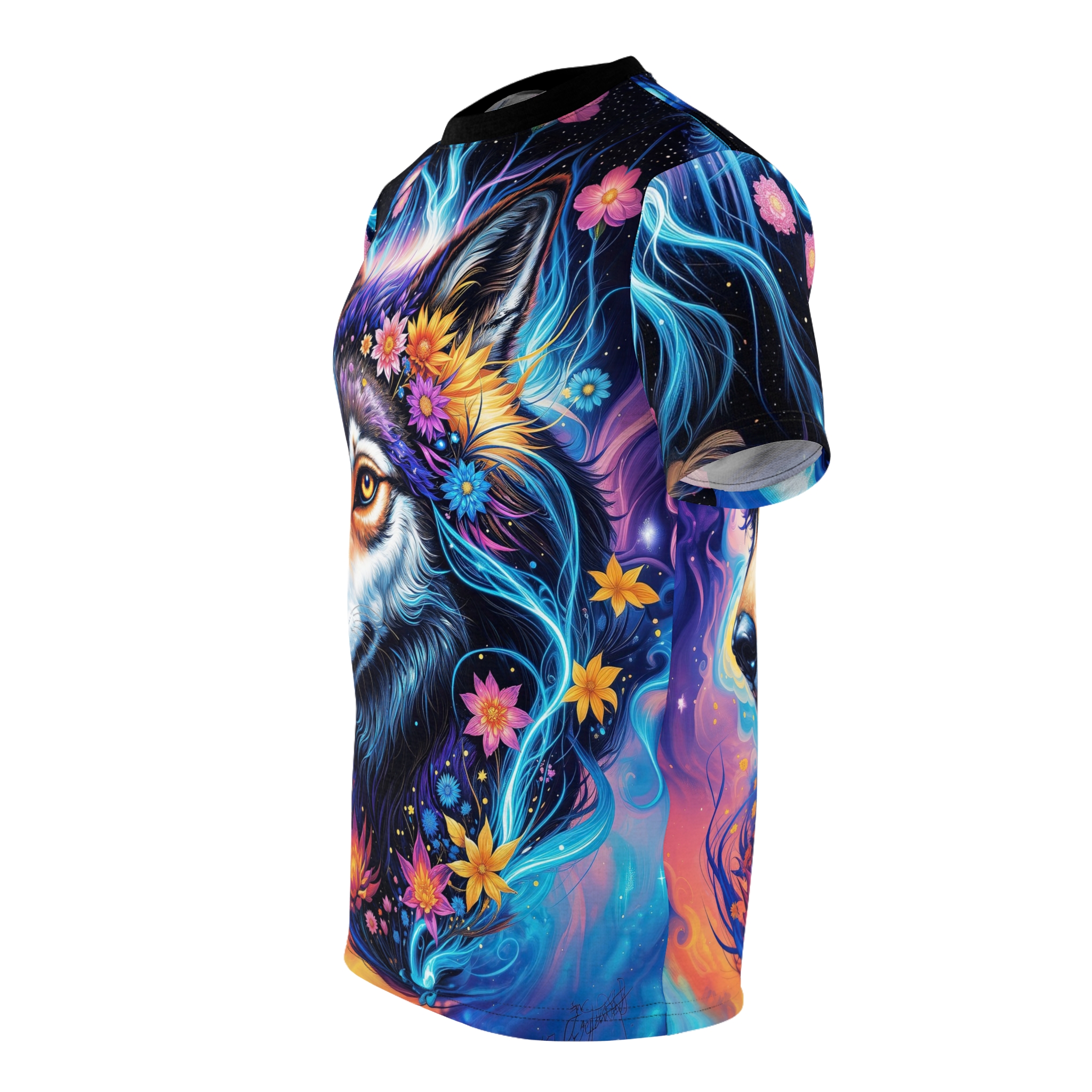 Vibrant blues, purples, and oranges cover this full print shirt, depicting a mystical wolf with glowing floral accents and cosmic swirls.