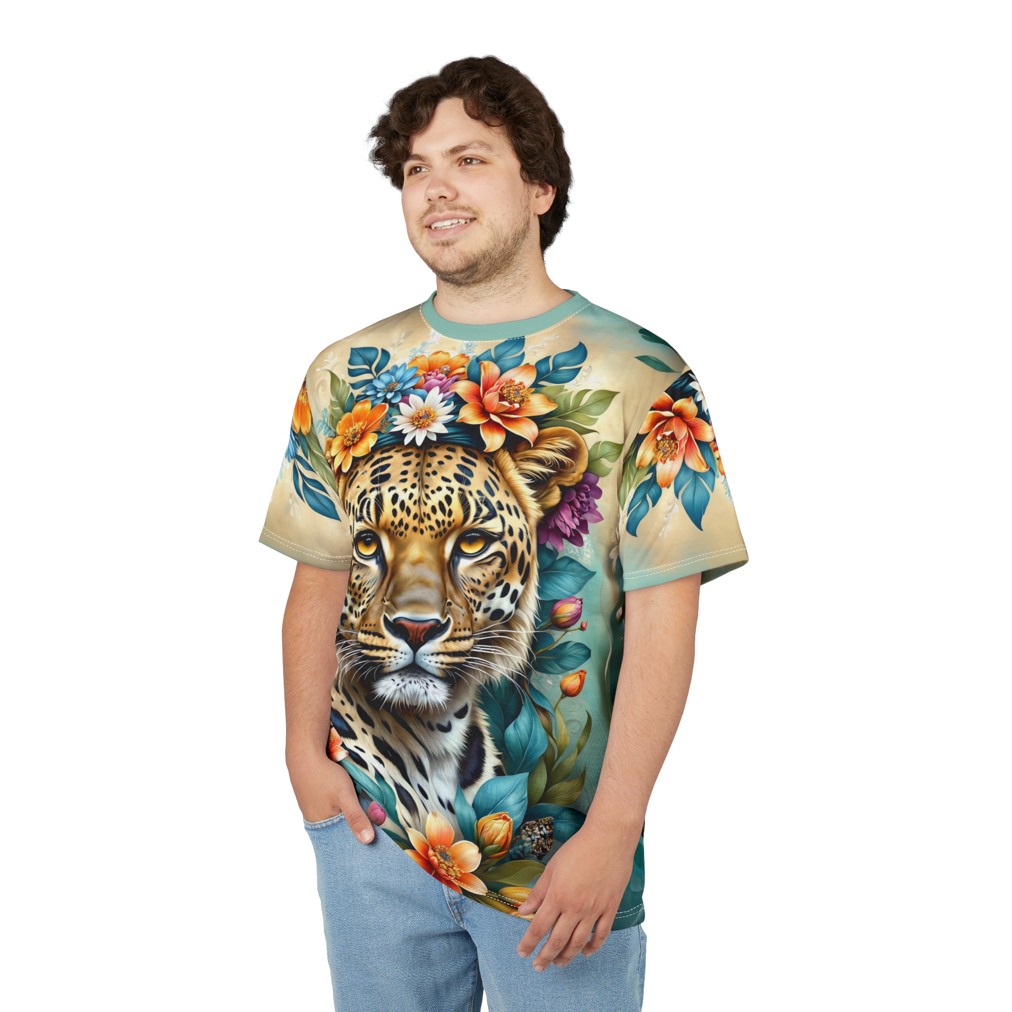 Bold leopard spots and vibrant orange, blue, and white flowers cover this sublimation graphic tee, with lush green foliage framing a striking feline face.