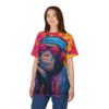 Splashes of pink, orange, and blue cover this full print shirt, featuring a colorful monkey with sunglasses and headphones.