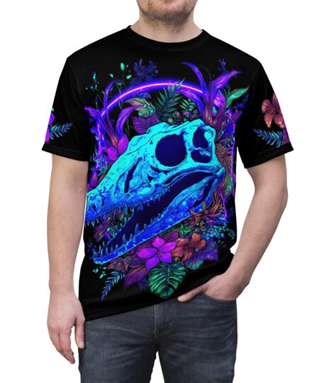 Bone-Chilling AOP Tee with Neon Floral Design, Unisex Shirt, Dinosaur Skull T-Shirt