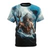 Blue and white waves, stormy skies, and a muscular god with a trident cover this tee shirt.
