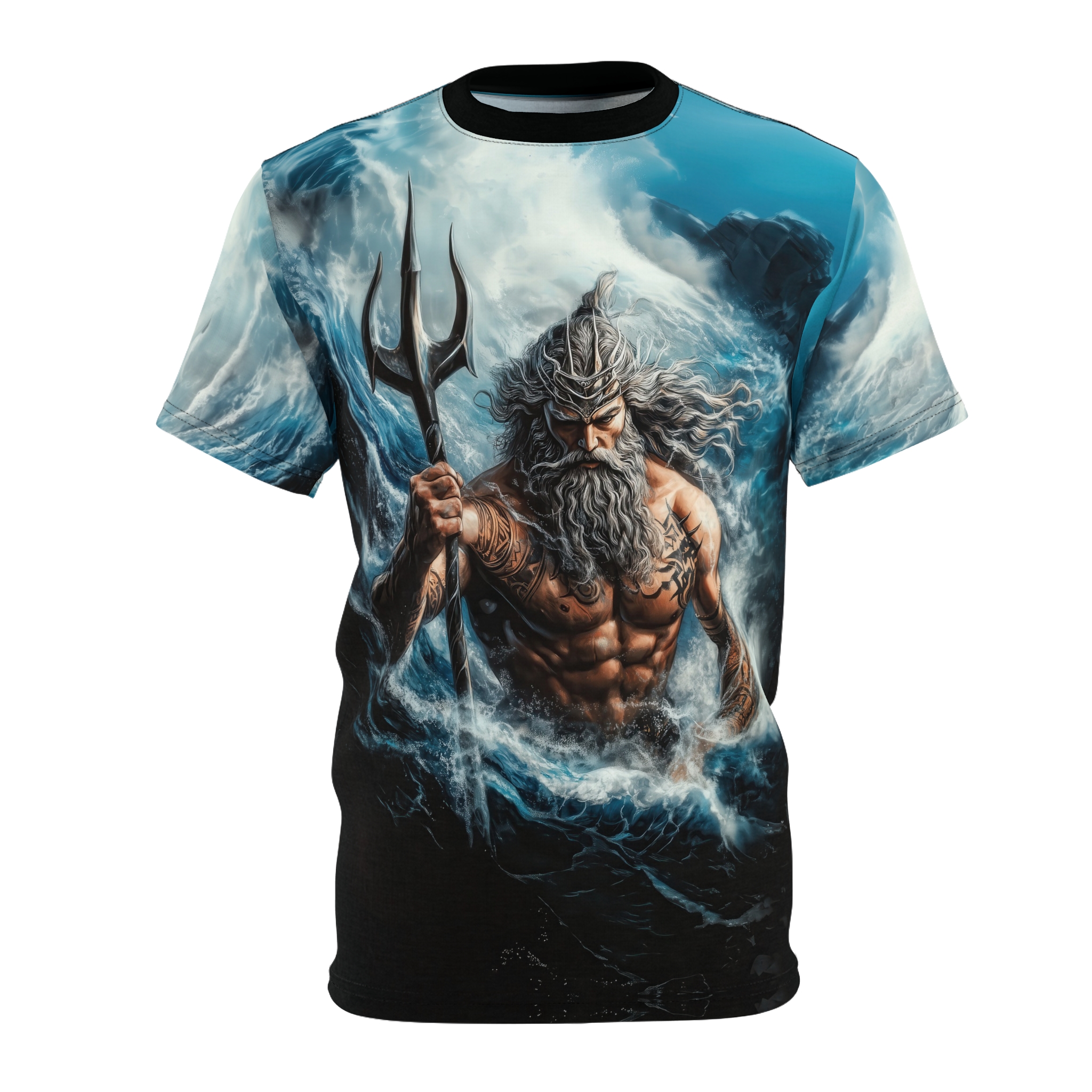 Blue and white waves, stormy skies, and a muscular god with a trident cover this tee shirt.