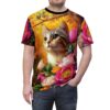 Vibrant Cat & Floral Unisex Tee, Vibrant Cat T-Shirt, Comfortable Graphic Shirt, Gift for Cat Lovers, Unique Floral Print Tee – eye-catching full print casual top