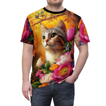 Vibrant Cat & Floral Unisex Tee, Vibrant Cat T-Shirt, Comfortable Graphic Shirt, Gift for Cat Lovers, Unique Floral Print Tee – eye-catching full print casual top