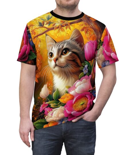Cat & Floral Unisex Tee, Vibrant Cat T-Shirt, Comfortable Graphic Shirt, Gift for Cat Lovers, Unique Floral Print Tee